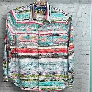 Robert Graham Shirt Mens 2XL Classic Fit Colorful Abstract Striped Emroidered